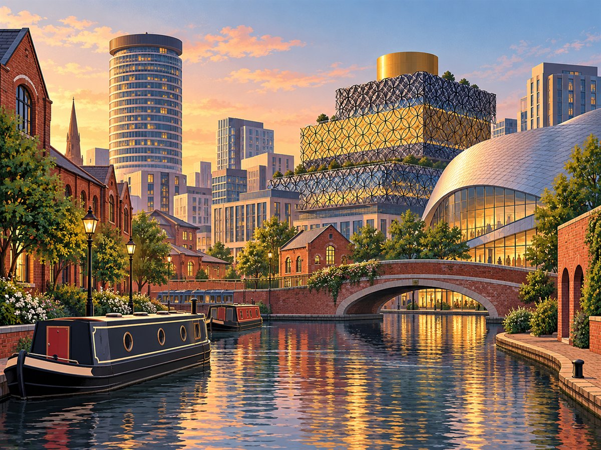Original illustrated view of Birmingham city centre and canal
