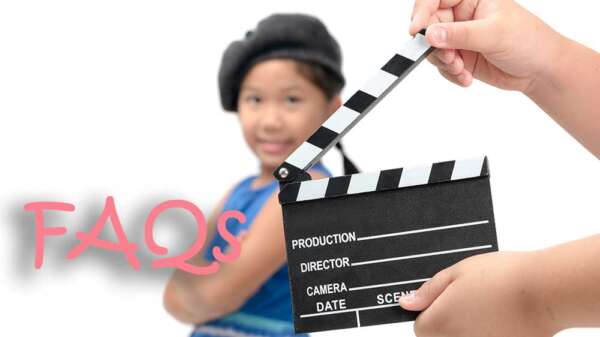 Child actor holding a clapperboard beside the word FAQs